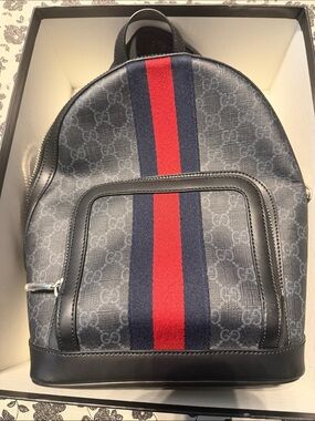 Gucci Black Backpack with Red and Navy Stripe